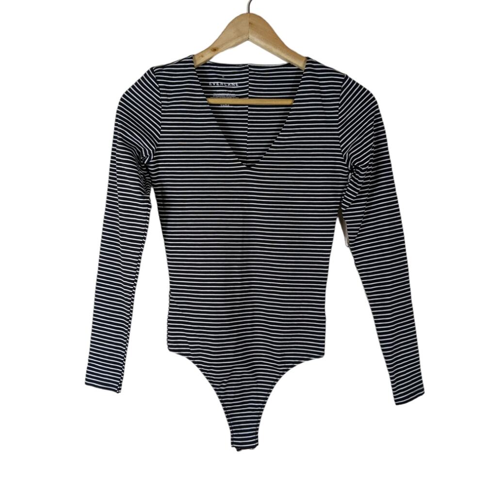 Everlane Bodysuit XS Black White Striped Knit Long Sleeve V Neck Shirt Top